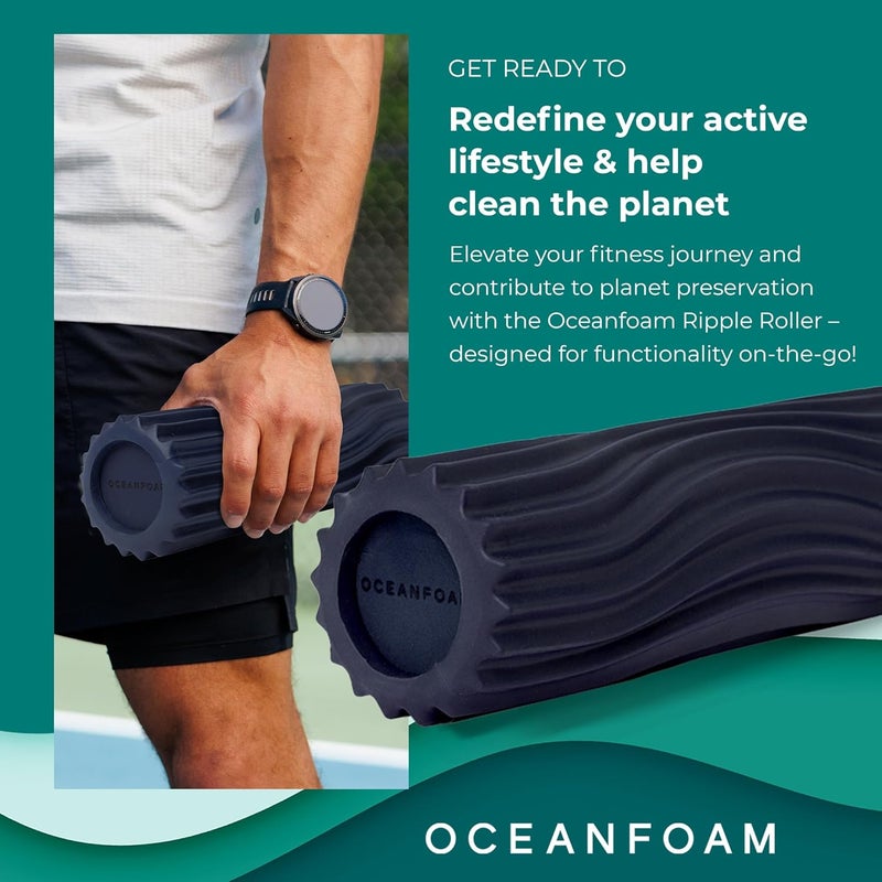 Oceanfoam Ripple Travel Foam Roller (11" x 3.35") Firm Mini Foam Roller for Physical Therapy, Deep Tissue Massage, Back Pain, High Density, Ergonomic Wave Textured, Yoga, Pilates, Exercise (Dark Navy) - Image 2